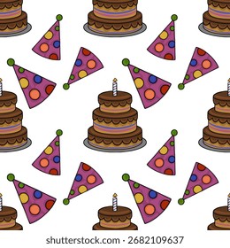 Seamless vector pattern featuring a cheerful birthday celebration with two-tiered chocolate cakes and colorful party hats, perfect for festive designs and backgrounds.