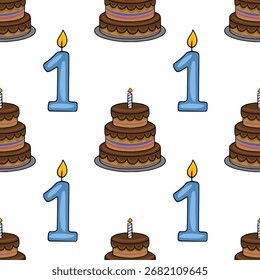 Seamless vector pattern featuring a cheerful illustration of chocolate birthday cakes with lit candles and the number one, perfect for first birthday invitations and festive designs.