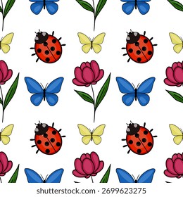 Padrão de vetor sem emenda com joaninhas alegres, borboletas azuis vibrantes, delicadas borboletas amarelas e flores rosa floridas contra um fundo branco limpo, evocando uma sensação de...
