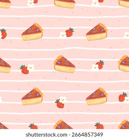 Seamless vector pattern featuring cheesecake slices and fresh berries on a light background. Bright and delicious design, perfect for dessert packaging, kitchen textiles, and cafe decor.