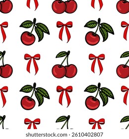 A seamless vector pattern featuring cherries with green leaves and red bows on a white background. The design is playful and colorful, suitable for textiles or wrapping paper.