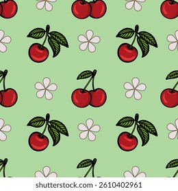 A seamless vector pattern featuring cherries with green leaves on a light green background, interspersed with pink flowers. The design is playful and vibrant, suitable for textiles or wallpapers.