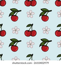 A seamless vector pattern featuring cherries and flowers on a light blue background. The cherries are vibrant red with green leaves, while the flowers are outlined in a soft pink.
