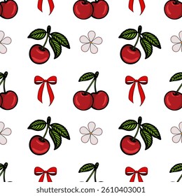 A seamless vector pattern featuring cherries, green leaves, and red bows on a white background. The design includes single and paired cherries, along with decorative elements like flowers and ribbons.