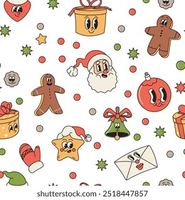 A seamless vector pattern featuring Christmas characters like Santa Claus, gingerbread cookies, gifts, and ornaments in a playful cartoon style. Isolated on a white background.