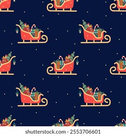 Seamless vector pattern featuring Christmas sleighs with gifts and a Christmas tree. Perfect for holiday designs, wrapping paper, decorations, and festive projects. Ideal for a cheerful seasonal look