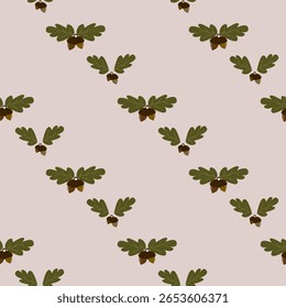 Seamless vector pattern featuring clusters of green oak leaves with acorns on a light pink background. Ideal for gentle autumn themed designs, textiles, and neutral home decor.
