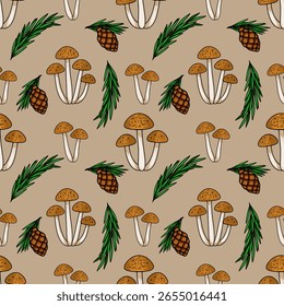Padrão de vetor sem emenda com aglomerados de cogumelos marrons, cones de pinheiro e ramos de abeto em um fundo bege, criando uma ilustração encantadora de floresta outonal.