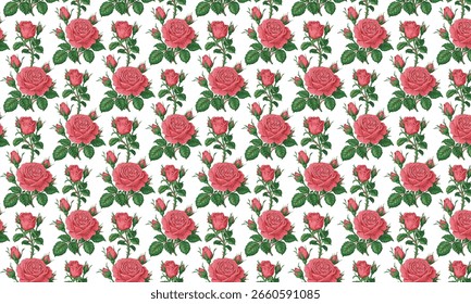 A seamless vector pattern featuring clusters of pink roses and green leaves on a white background. The roses are depicted with intricate detail, showcasing their layered petals and vibrant pink hues.