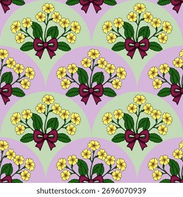 Seamless vector pattern featuring clusters of yellow primrose flowers tied with burgundy bows against a pastel background with scalloped shapes.