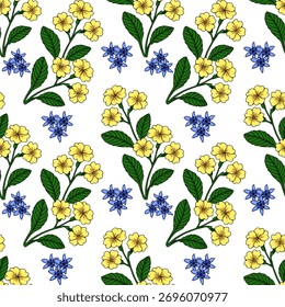 Seamless vector pattern featuring clusters of delicate yellow primroses and small blue scilla star-shaped flowers with lush green leaves on a clean white background.