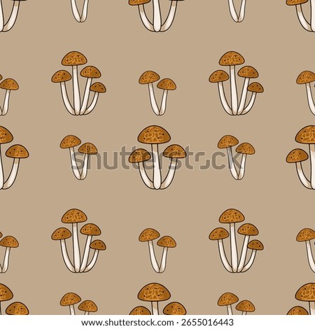 Seamless vector pattern featuring clusters of intricately detailed brown mushrooms with off-white stems against a muted beige background, creating a harmonious autumnal design.
