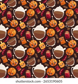 Seamless vector pattern featuring coffee mugs, roasted coffee beans, cozy socks, and yarn. Ideal for autumn café branding, packaging, and warm seasonal design.