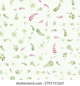 A seamless vector pattern featuring a collection of hand-drawn green and pink leaves, ferns, and four-leaf clovers scattered on a light background.
