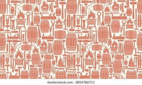 A seamless vector pattern featuring a collection of traditional cooperage and blacksmithing tools, including wooden barrels, fire pits, hammers, and woodworking planes, rendered in a flat, monochromatic terracotta style.