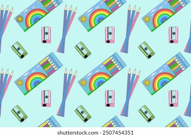 Seamless vector pattern featuring colored pencils, sharpeners, and vibrant school supplies. Perfect for back-to-school designs.