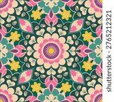 Seamless vector pattern featuring colorful floral mandalas and decorative botanical elements. Traditional ethnic blossom repeat design suitable for fabric printing and home decor. Detailed mandala medallions in a bohemian garden style for seamless wallpaper. 