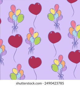 Seamless vector pattern featuring colorful balloons in heart and round shapes on a soft lavender background. Perfect for festive occasions, party invitations, wrapping paper, or children’s room decor.