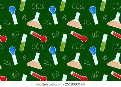 Patrón de Vector sin fisuras que presenta equipos de laboratorio de química coloridos, incluidos tubos de ensayo, matraces y termómetros, sobre un fondo verde oscuro.