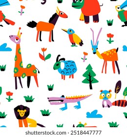 A seamless vector pattern featuring colorful safari animals in a playful cartoon style, including giraffes, lions, and birds. Isolated on a white background.