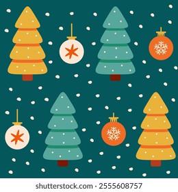 A seamless vector pattern featuring colorful Christmas trees, snowflakes, and falling snow on a green background. Perfect for holiday-themed designs, gift wrap, fabric prints, and festive decorations.