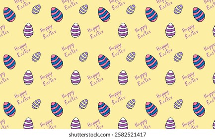 Seamless vector pattern featuring colorful pastel Easter eggs with "Happy Easter" text. Soft and festive design, perfect for greeting cards, wrapping paper, textiles, packaging, and holiday decoration