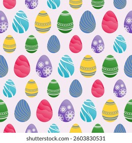 A seamless vector pattern featuring colorful Easter eggs decorated with intricate floral, wave, dot, and stripe designs