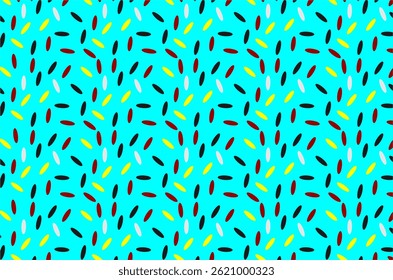 Seamless vector pattern featuring colorful rice grains scattered. The grains appear in red, black, yellow, and white. Perfect for food packaging, culinary backgrounds, or Asian-themed graphic elements