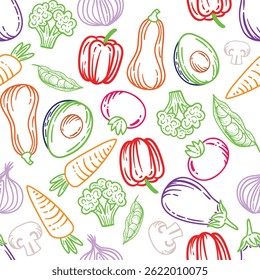 Seamless vector pattern featuring colorful, hand-drawn vegetables including carrots, tomatoes, broccoli, and more. Perfect for food packaging, kitchen textiles, menus, and eco-friendly designs.