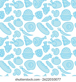 Seamless vector pattern featuring colorful, hand-drawn vegetables including carrots, tomatoes, broccoli, and more. Perfect for food packaging, kitchen textiles, menus, and eco-friendly designs.
