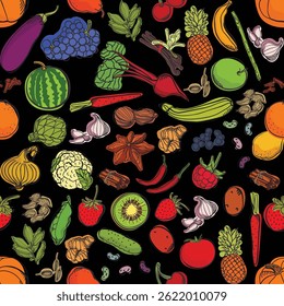 Seamless vector pattern featuring colorful, hand-drawn vegetables including carrots, tomatoes, broccoli, and more. Perfect for food packaging, kitchen textiles, menus, and eco-friendly designs.