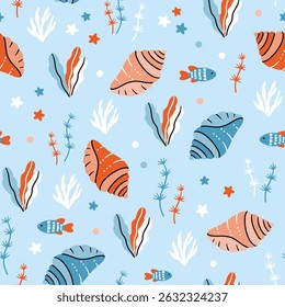 Padrão de vetor sem costura com conchas coloridas, peixes e algas marinhas em um fundo azul. Fundo marinho estilizado bonito perfeito para têxteis das crianças, papéis de parede, e outros projetos de design