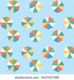 A seamless vector pattern featuring colorful beach umbrellas viewed from above, arranged in a repeating layout on a transparent background. Each umbrella displays alternating panels of red, yellow