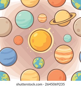 Seamless vector pattern featuring colorful cartoon planets and the sun. Perfect for kids’ fabric, space-themed textiles, wallpapers, and educational designs