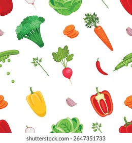 Seamless vector pattern featuring colorful, hand-drawn vegetables including carrots, tomatoes, broccoli, and more. Perfect for food packaging, kitchen textiles, menus, and eco-friendly designs.