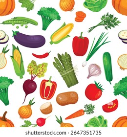 Seamless vector pattern featuring colorful, hand-drawn vegetables including carrots, tomatoes, broccoli, and more. Perfect for food packaging, kitchen textiles, menus, and eco-friendly designs.