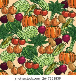Seamless vector pattern featuring colorful, hand-drawn vegetables including onions tomatoes, pumpkin, and more. Perfect for food packaging, kitchen textiles, menus, and eco-friendly designs.