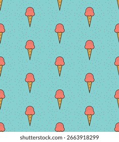 Seamless vector pattern featuring colorful ice cream cones on a blue background. Fun and playful summer design, perfect for seasonal projects.