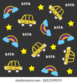 A seamless vector pattern featuring colorful hand-drawn yellow cars, rainbows with clouds, yellow stars, and 