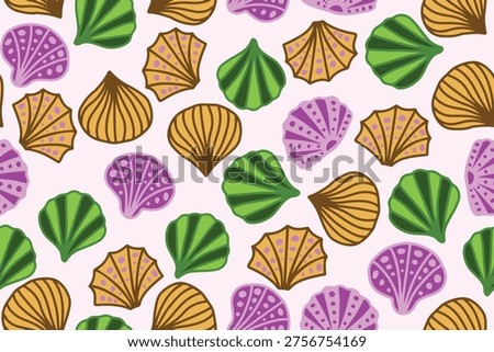 Seamless vector pattern featuring colorful seashell illustrations inspired by beach and summer themes. Suitable for textile, wallpaper, and decorative design.