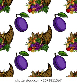 Seamless vector pattern featuring a cornucopia overflowing with autumn harvest bounty, interspersed with vibrant purple plums, creating a festive Thanksgiving design.