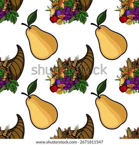 Seamless vector pattern featuring a cornucopia overflowing with autumn harvest bounty and ripe pears, creating a vibrant Thanksgiving design.