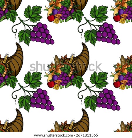 Seamless vector pattern featuring a cornucopia overflowing with autumn harvest bounty, complemented by lush grapevines, creating a vibrant Thanksgiving design.