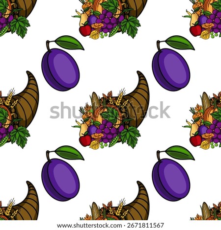Seamless vector pattern featuring a cornucopia overflowing with autumn harvest bounty, interspersed with vibrant purple plums, creating a festive Thanksgiving design.
