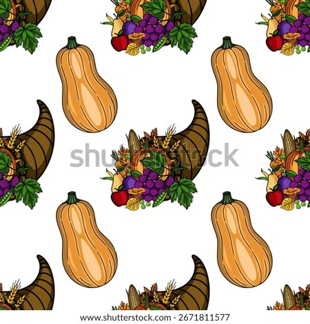 Seamless vector pattern featuring a cornucopia overflowing with autumn harvest bounty, complemented by vibrant pumpkins in a lively Thanksgiving design.