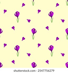 A seamless vector pattern featuring crocuses and petals on a vibrant yellow background. Perfect for fabric, wallpaper, and stationery designs. Ideal for spring-themed products and cheerful decor.