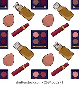 Seamless vector pattern featuring a curated collection of makeup essentials including foundation bottles, eyeshadow palettes, lip glosses, and cosmetic sponges, rendered with a clean, illustrative...