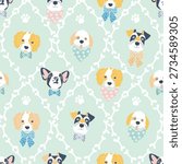 Seamless vector pattern featuring cute cartoon dog faces wearing bow ties and bandanas, with bones and paw prints on a soft pastel green background. Adorable hand drawn illustration style, perfect for kids and baby products, nursery decor, textile, fabric, wallpaper, wrapping paper, stationery and pet themed designs.