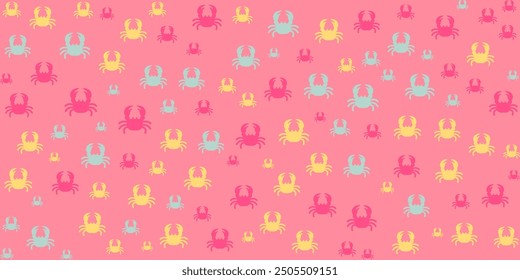 A seamless vector pattern featuring cute cartoon crabs in pastel colors. Perfect for summer designs, beach themes, and kids' products.