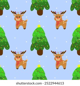 
A seamless vector pattern featuring cute reindeer and decorated Christmas trees, perfect for holiday-themed designs. Ideal for gift wrap, children’s clothing, festive home decor, greeting cards.